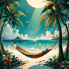Printable Romantic Landscape of a Tropical Beach with Hammocks Between Trees
