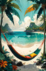 Printable Romantic Landscape of a Tropical Beach with Hammocks Between Trees
