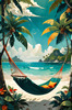 Printable Romantic Landscape of a Tropical Beach with Hammocks Between Trees