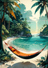 Printable Romantic Landscape of a Tropical Beach with Hammocks Between Trees