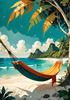 Printable Romantic Landscape of a Tropical Beach with Hammocks Between Trees