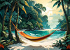 Printable Romantic Landscape of a Tropical Beach with Hammocks Between Trees