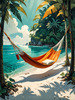 Printable Romantic Landscape of a Tropical Beach with Hammocks Between Trees