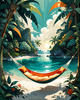 Printable Romantic Landscape of a Tropical Beach with Hammocks Between Trees