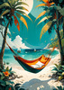 Printable Romantic Landscape of a Tropical Beach with Hammocks Between Trees