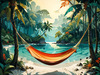 Printable Romantic Landscape of a Tropical Beach with Hammocks Between Trees