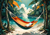 Printable Romantic Landscape of a Tropical Beach with Hammocks Between Trees