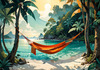 Printable Romantic Landscape of a Tropical Beach with Hammocks Between Trees