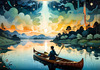 Dreamy Twilight Lagoon with Star-Crossed Lovers Canoeing Under Stars Art Print