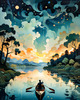 Dreamy Twilight Lagoon with Star-Crossed Lovers Canoeing Under Stars Art Print