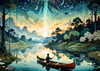 Dreamy Twilight Lagoon with Star-Crossed Lovers Canoeing Under Stars Art Print