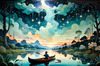 Dreamy Twilight Lagoon with Star-Crossed Lovers Canoeing Under Stars Art Print
