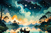 Dreamy Twilight Lagoon with Star-Crossed Lovers Canoeing Under Stars Art Print