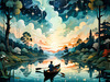 Dreamy Twilight Lagoon with Star-Crossed Lovers Canoeing Under Stars Art Print