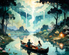 Dreamy Twilight Lagoon with Star-Crossed Lovers Canoeing Under Stars Art Print