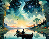 Dreamy Twilight Lagoon with Star-Crossed Lovers Canoeing Under Stars Art Print