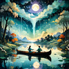 Dreamy Twilight Lagoon with Star-Crossed Lovers Canoeing Under Stars Art Print