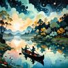Dreamy Twilight Lagoon with Star-Crossed Lovers Canoeing Under Stars Art Print