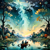 Dreamy Twilight Lagoon with Star-Crossed Lovers Canoeing Under Stars Art Print