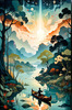 Dreamy Twilight Lagoon with Star-Crossed Lovers Canoeing Under Stars Art Print