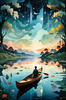 Dreamy Twilight Lagoon with Star-Crossed Lovers Canoeing Under Stars Art Print