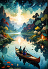 Dreamy Twilight Lagoon with Star-Crossed Lovers Canoeing Under Stars Art Print