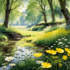 Secluded Glade Filled with Wildflowers and Dappled Sunlight Landscape Print
