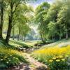 Secluded Glade Filled with Wildflowers and Dappled Sunlight Landscape Print