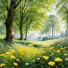 Secluded Glade Filled with Wildflowers and Dappled Sunlight Landscape Print