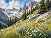 Serene Alpine Meadow with Wildflowers and Granite Mountain Peaks Wall Art