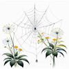 Minimalist Nature Art of Dew Drops on Spider Web Amidst Flowers