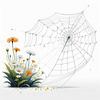Minimalist Nature Art of Dew Drops on Spider Web Amidst Flowers