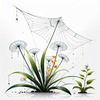 Minimalist Nature Art of Dew Drops on Spider Web Amidst Flowers