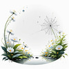 Minimalist Nature Art of Dew Drops on Spider Web Amidst Flowers