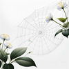 Minimalist Nature Art of Dew Drops on Spider Web Amidst Flowers