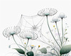 Minimalist Nature Art of Dew Drops on Spider Web Amidst Flowers