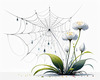 Minimalist Nature Art of Dew Drops on Spider Web Amidst Flowers