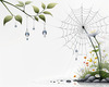 Minimalist Nature Art of Dew Drops on Spider Web Amidst Flowers