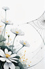 Minimalist Nature Art of Dew Drops on Spider Web Amidst Flowers