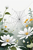Minimalist Nature Art of Dew Drops on Spider Web Amidst Flowers