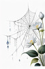 Minimalist Nature Art of Dew Drops on Spider Web Amidst Flowers