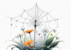 Minimalist Nature Art of Dew Drops on Spider Web Amidst Flowers
