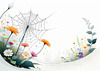 Minimalist Nature Art of Dew Drops on Spider Web Amidst Flowers