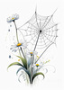 Minimalist Nature Art of Dew Drops on Spider Web Amidst Flowers