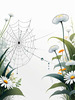 Minimalist Nature Art of Dew Drops on Spider Web Amidst Flowers