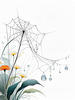 Minimalist Nature Art of Dew Drops on Spider Web Amidst Flowers
