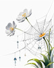 Minimalist Nature Art of Dew Drops on Spider Web Amidst Flowers