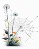 Minimalist Nature Art of Dew Drops on Spider Web Amidst Flowers