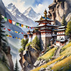 Realistic Landscape Art of Mountain Monastery with Prayer Flags