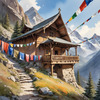 Realistic Landscape Art of Mountain Monastery with Prayer Flags